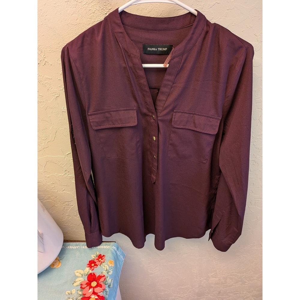 Ivanka Trump Womens Plum Purple Roll Tab Sleeve V-Neck Blouse Top Gold Hardware